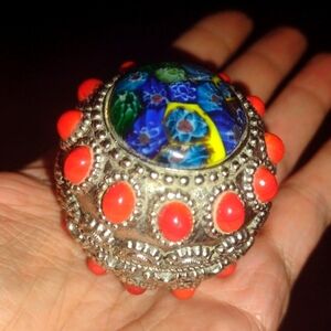 Italian Murano Millefiori Glass Beads Lidded Trinket Box Silver Metal Ornate VTG